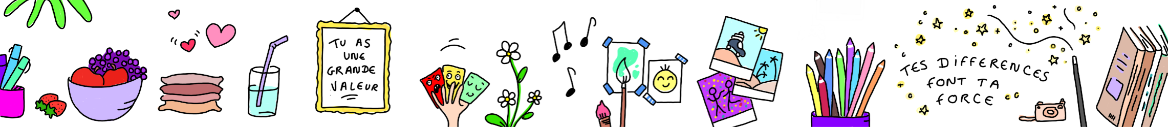 Frise Frise-sacs-de-grains-verre-d'eau-cartes-émotions-crayons-couleurs-différence-force